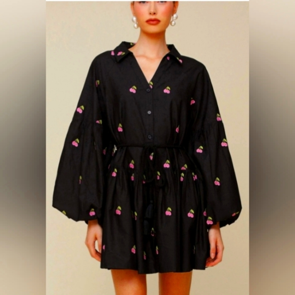 Avec Les Filles Cherry Embroidered Cotton Minidress.